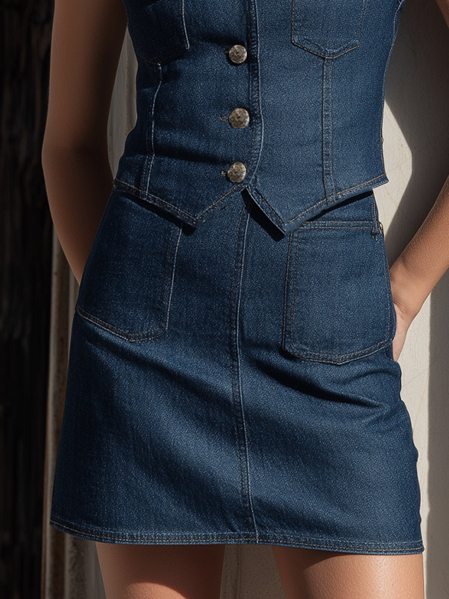 Sleeveless Denim-Effect Tailored Vest & Mini Skirt Two-Piece Set | Elegant Women's Dress