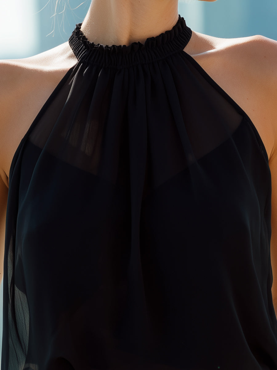 Black Halter Neck Chiffon Sleeveless Top | Elegant Women's Dress
