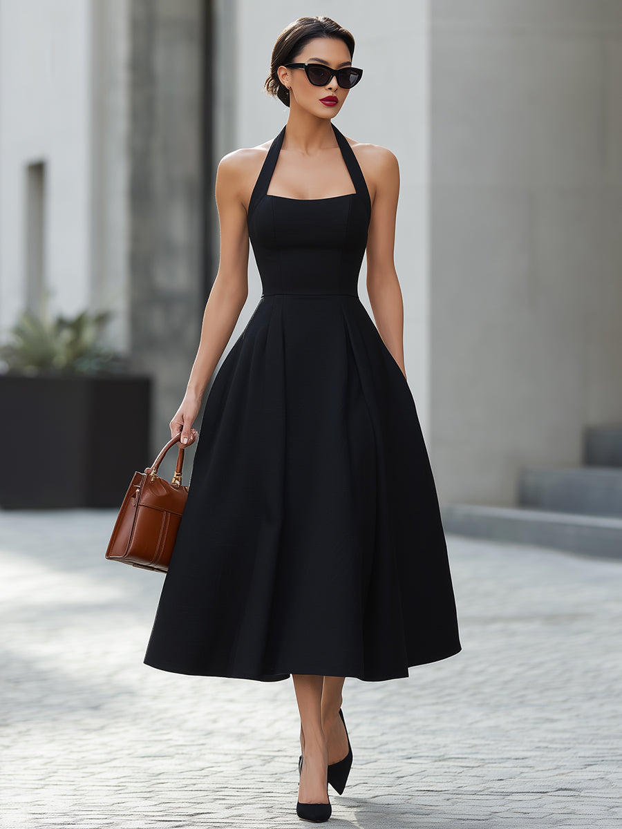 Black Halter Neck Fit-and-Flare Midi Dress | Elegant Women's Dress