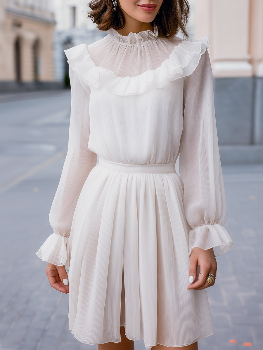 Ruffled High-Neck Chiffon Long-Sleeve Dress | Elegant Women's Dress