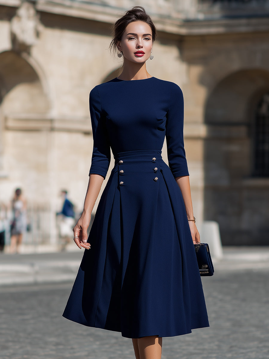Structured Waist Button-Detail Midi Dress | Elegant Women's Dress