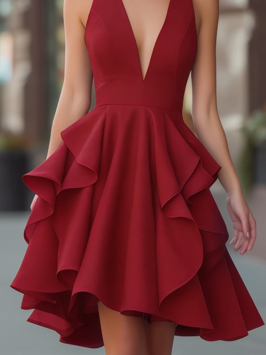Sleeveless Ruffled V-Neck A-Line Dress | Elegant Women's Dress