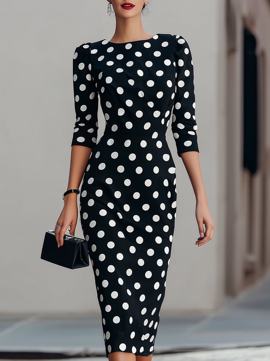 Black & White Polka Dot Midi Sheath Dress | Elegant Women's Dress