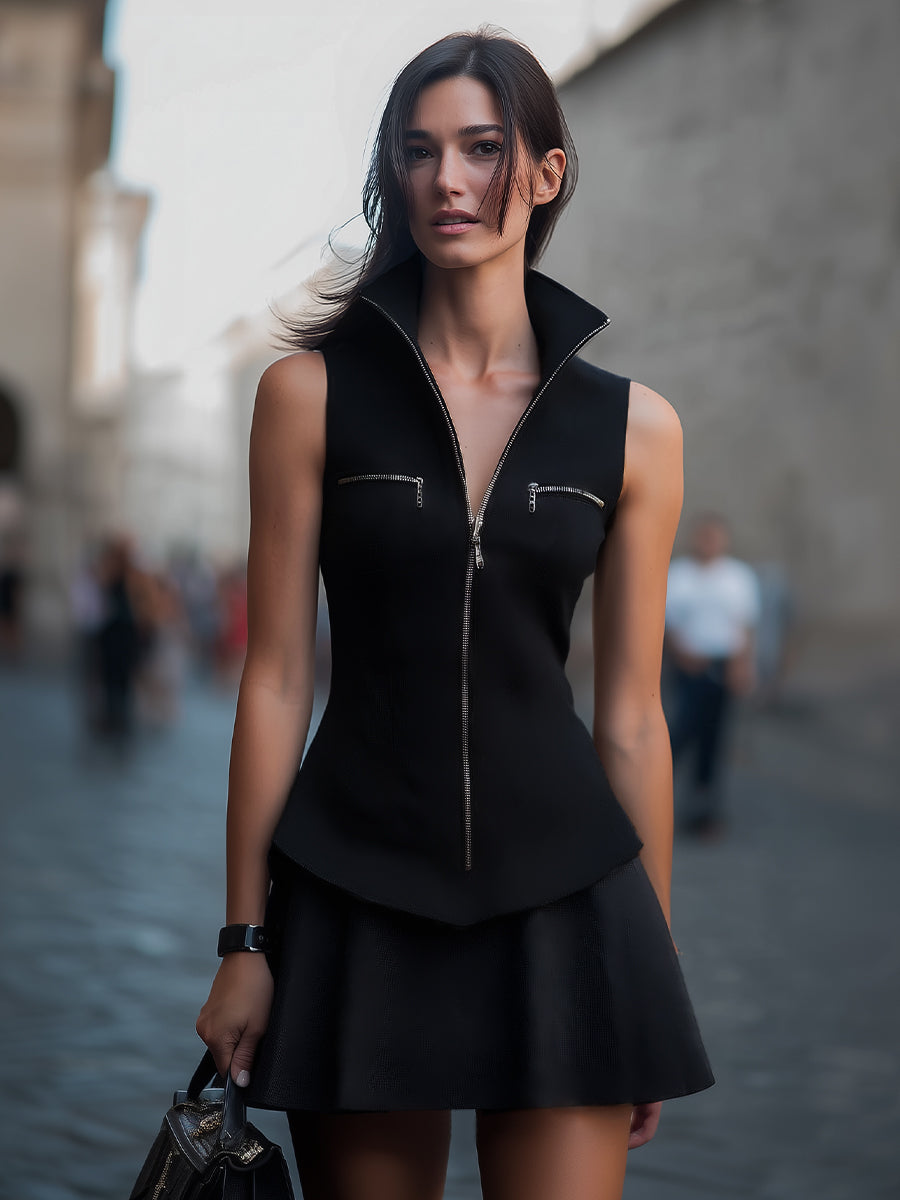 Sculpted Sleeveless Moto Vest-Dress With High Funnel Neck | Elegant Women's Dress