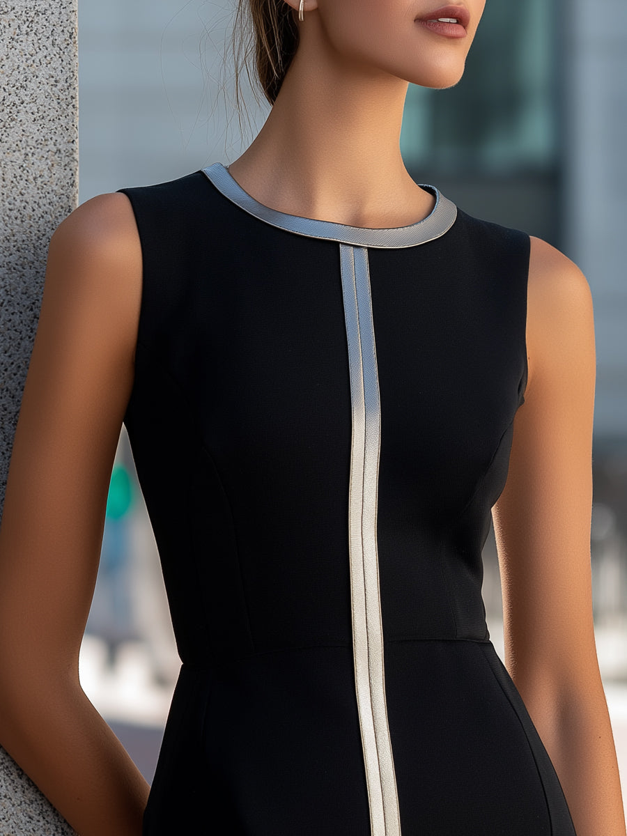 Sleeveless Contrast-Trim Sheath Midi Dress | Elegant Women's Dress