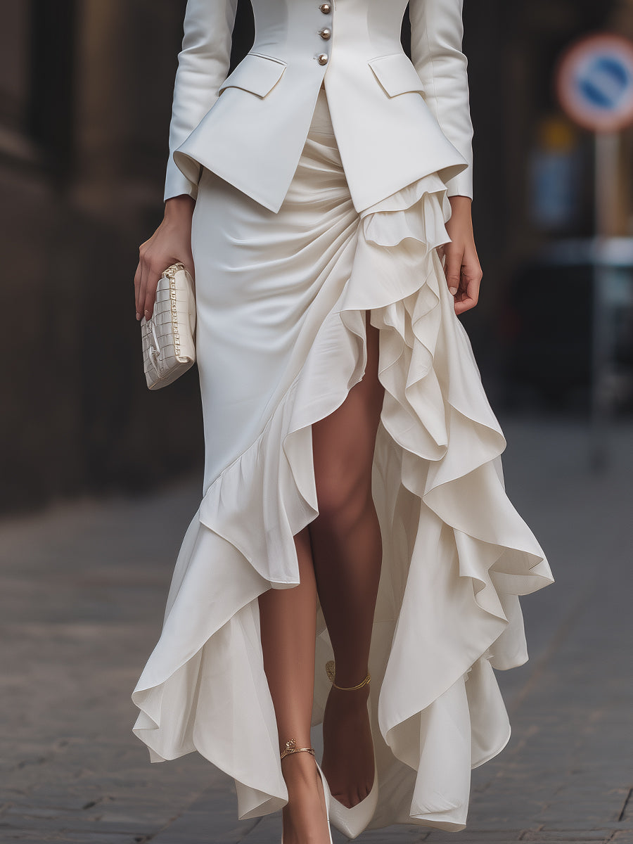 Tailored Blazer Jacket And Ruffled High-Low Skirt Set | Elegant Women's Dress