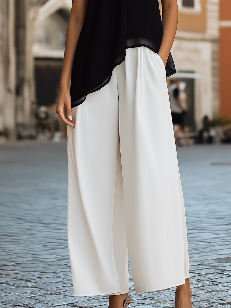 Elegant Two-Tone High-Neck Halter Set – Asymmetric Chiffon Top & Wide-Leg Trousers | Elegant Women's Dress