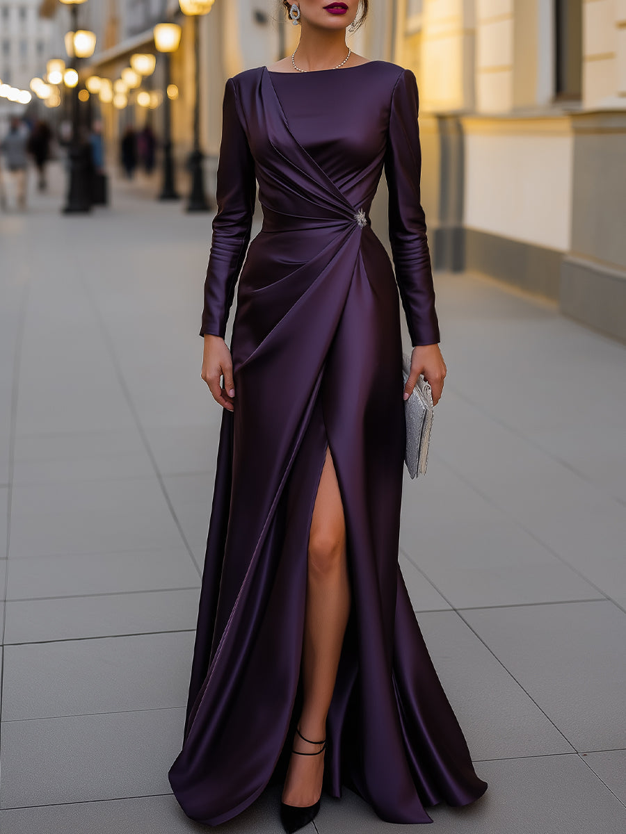Satin Asymmetric Draped Evening Gown | Elegant Women's Dress