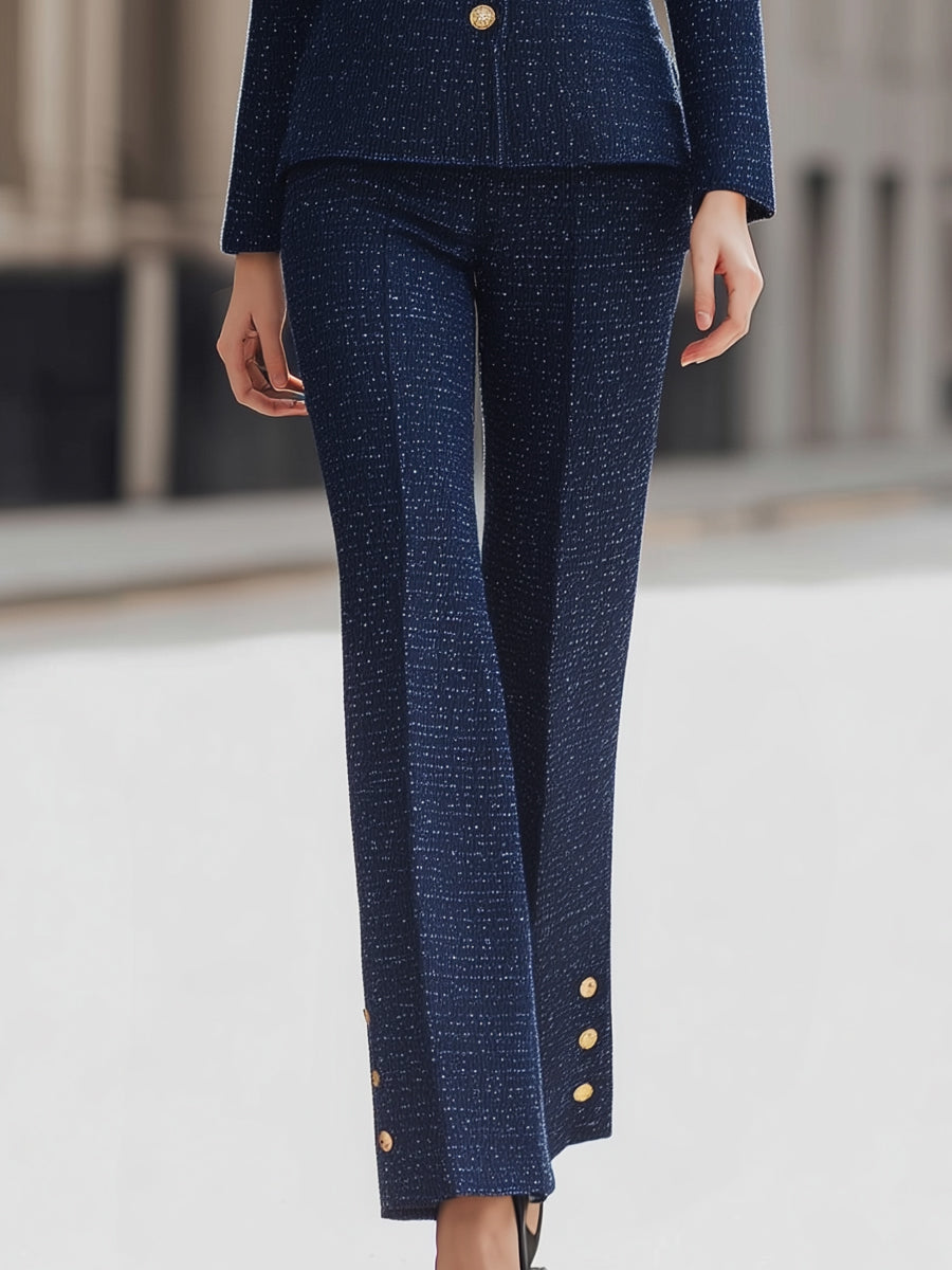 Tweed Belted Blazer And Pants Set With Gold Buttons | Elegant Women's Dress