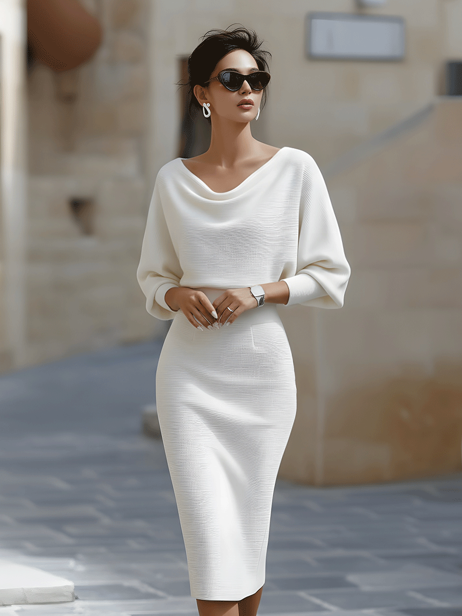 White Draped Batwing Midi Dress | Elegant Women's Dress