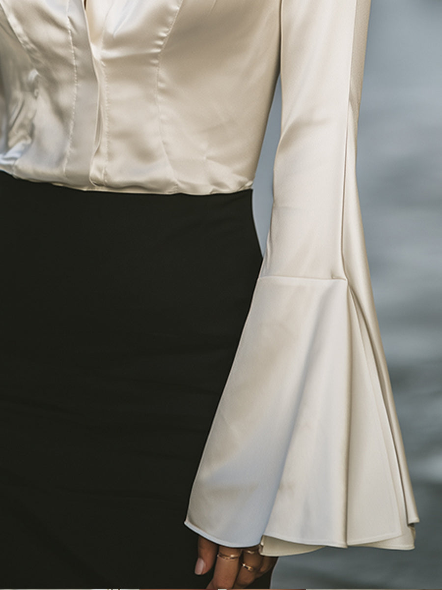 Vintage-Inspired Bell-Sleeve Satin Blouse | Elegant Women's Dress