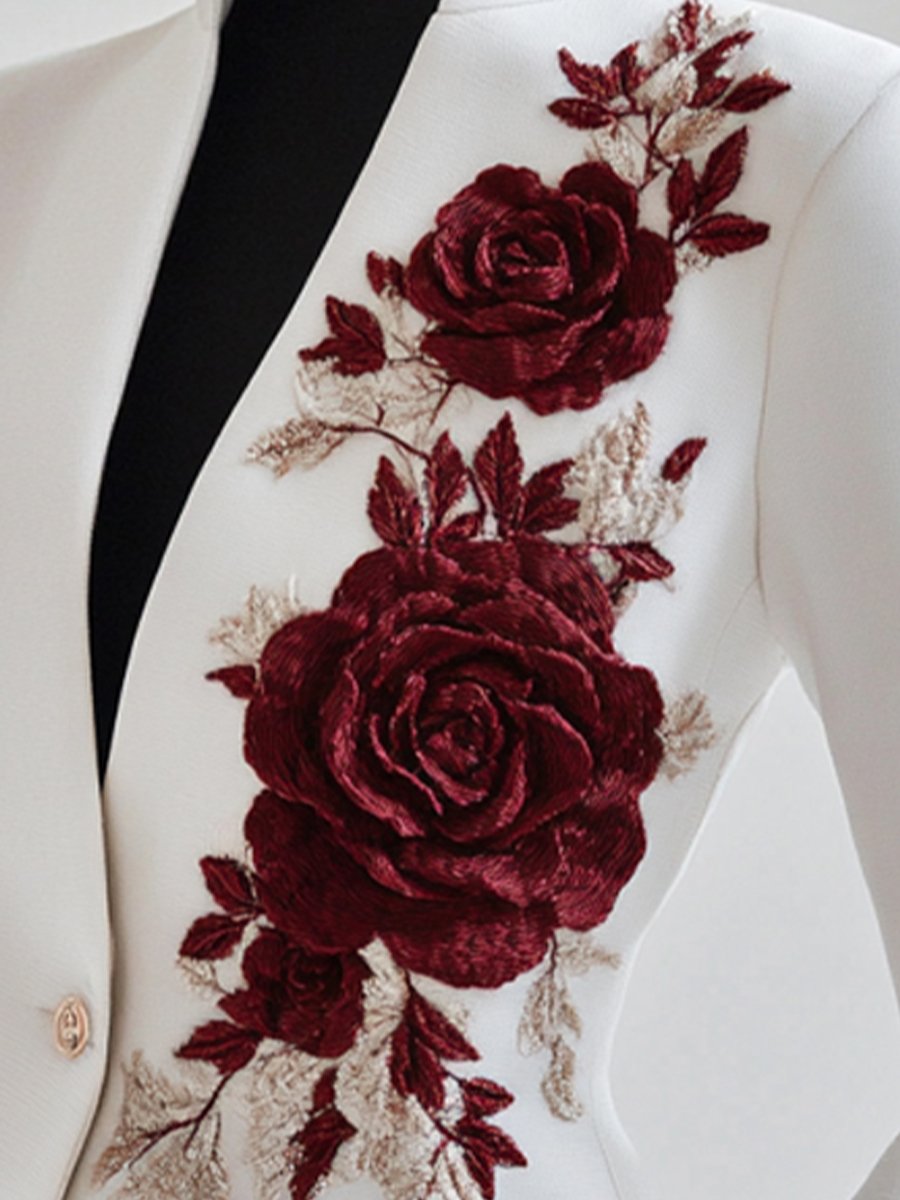 Chic White Blazer with Red Rose Embroidery | Elegant Women's Dress