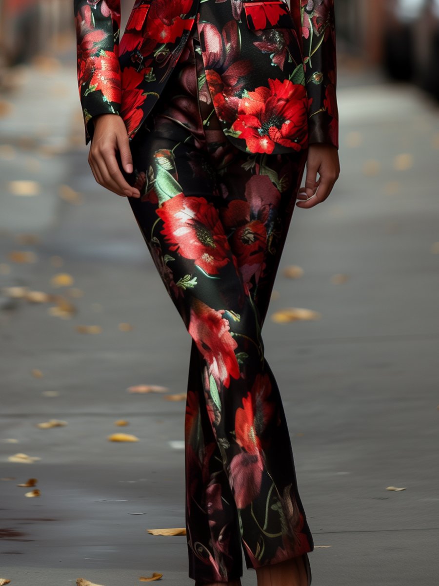 Bold Red Poppy Floral Printed Satin Suit | Elegant Women's Dress
