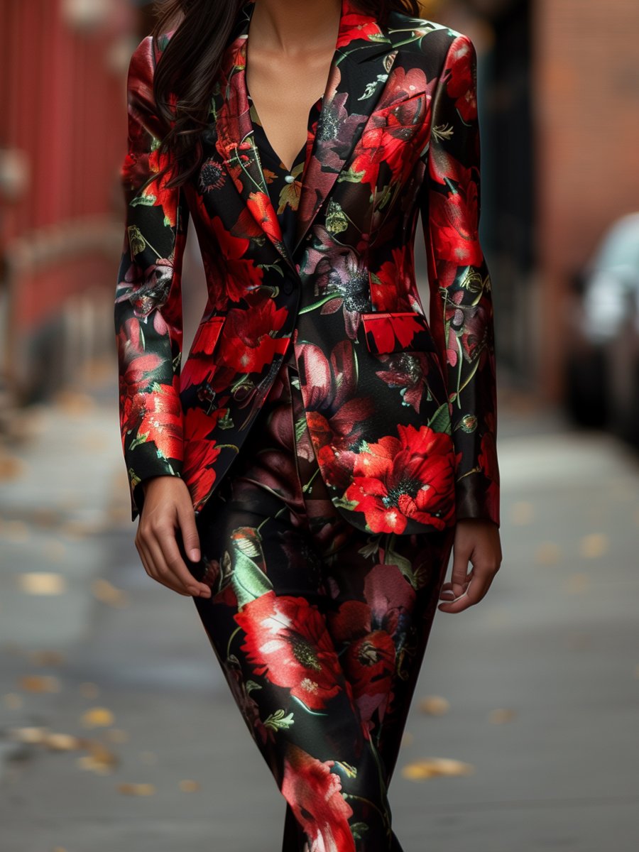 Bold Red Poppy Floral Printed Satin Suit | Elegant Women's Dress
