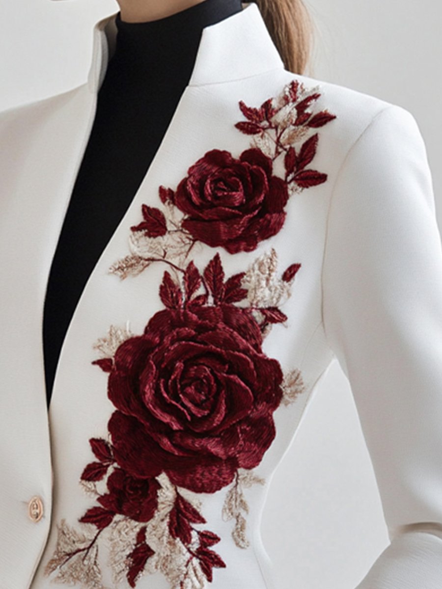 Chic White Blazer with Red Rose Embroidery | Elegant Women's Dress