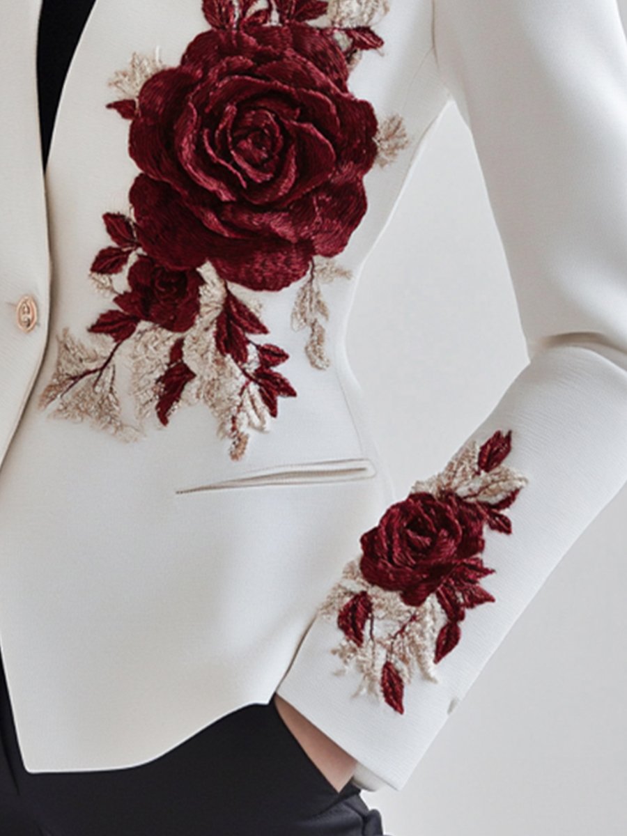 Chic White Blazer with Red Rose Embroidery | Elegant Women's Dress