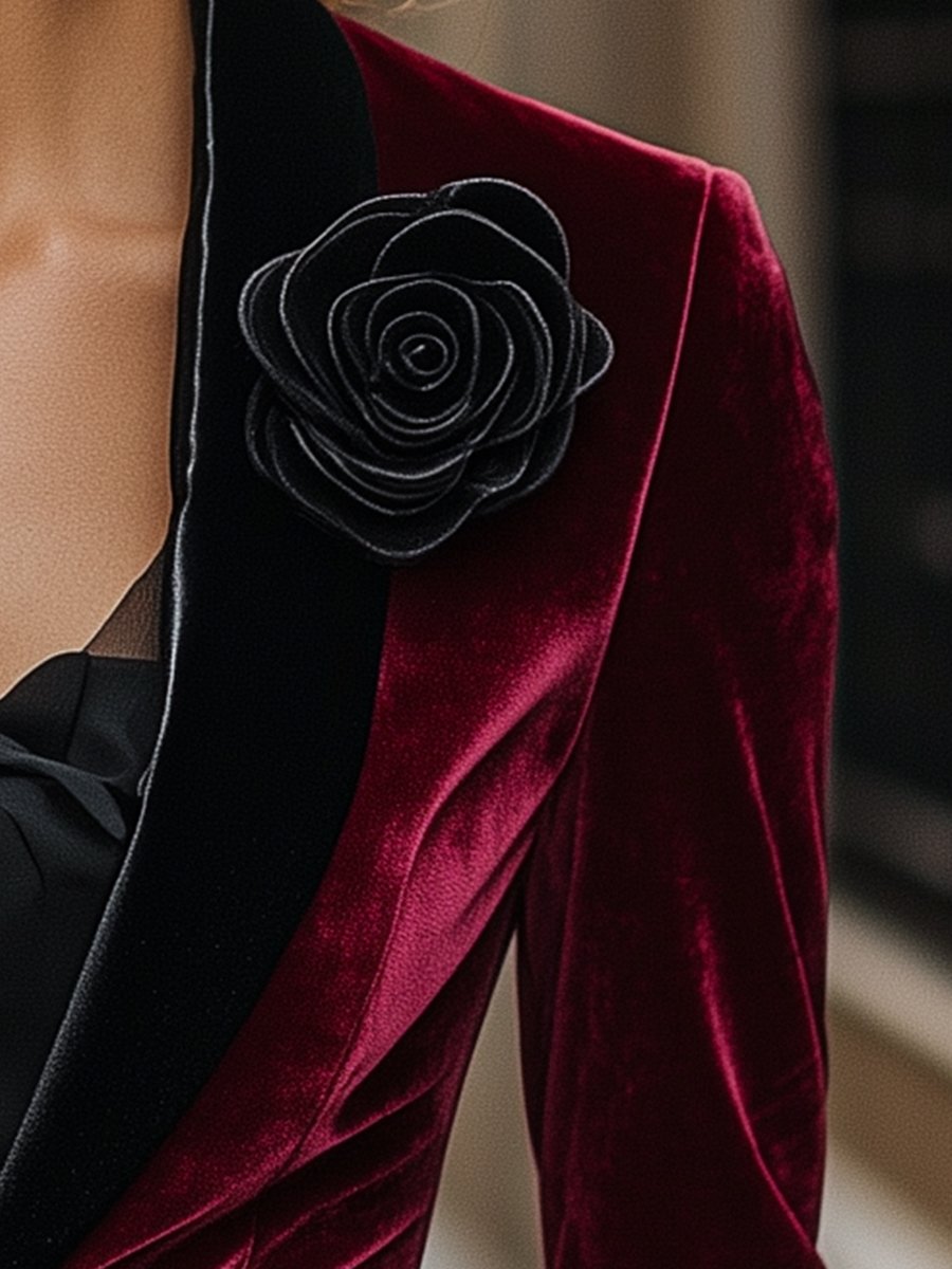 Burgundy Velvet Blazer with Satin Lapels and Black Rose Detail | Elegant Women's Dress