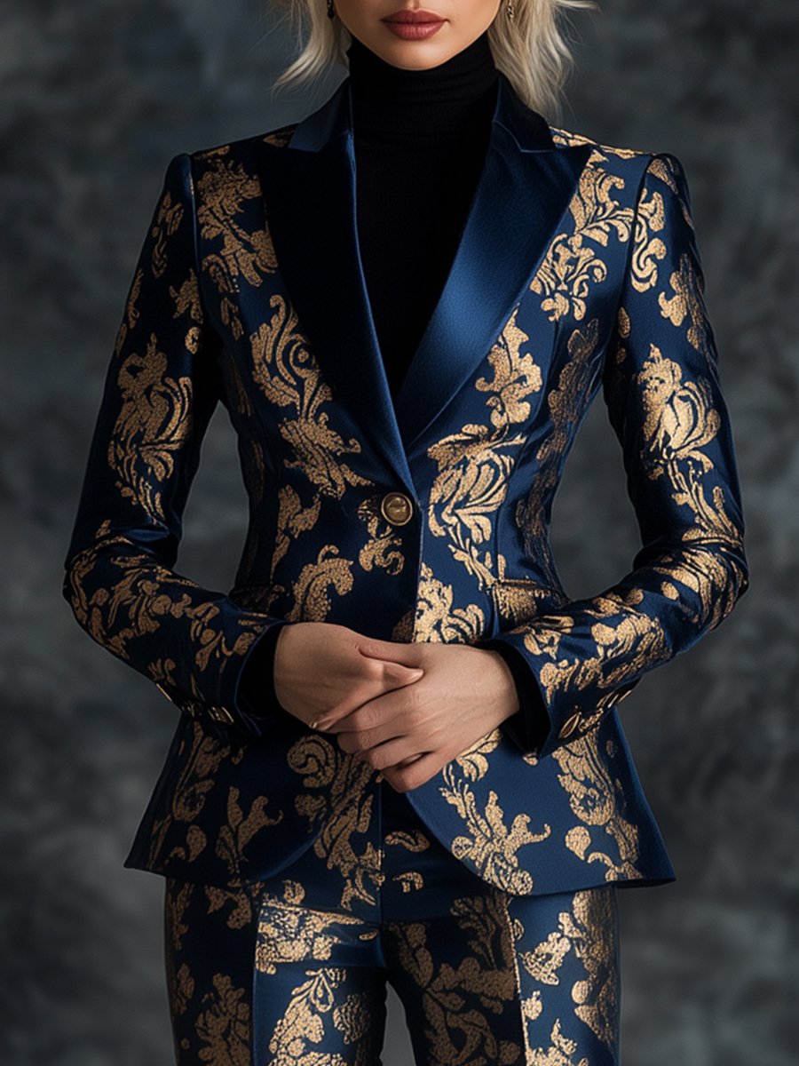 Opulent Royal Blue Satin Suit with Golden Ornate Motifs Printed | Elegant Women's Dress