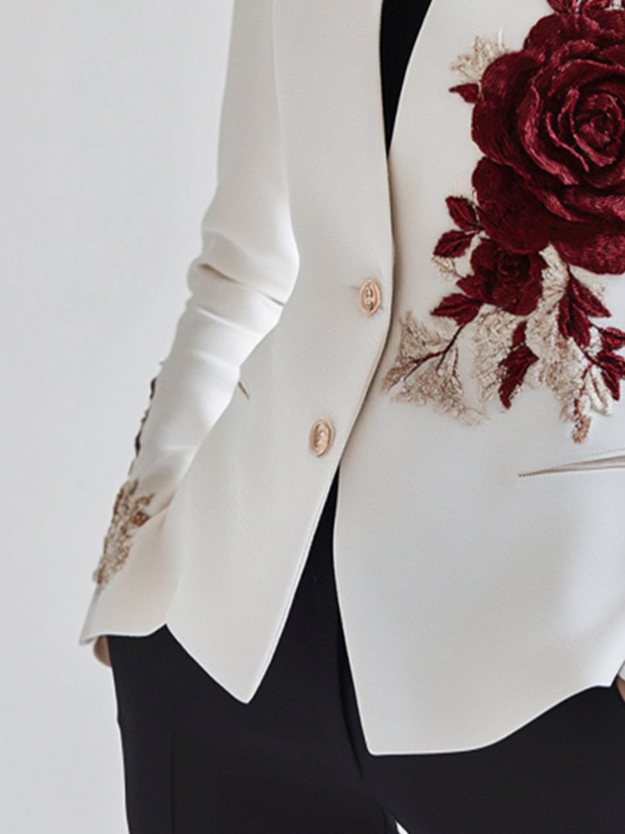 Chic White Blazer with Red Rose Embroidery | Elegant Women's Dress