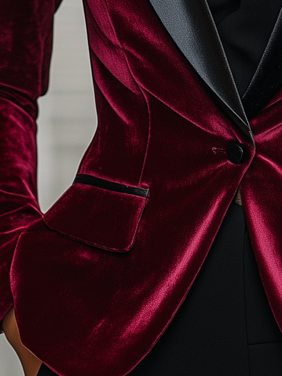 Burgundy Velvet Blazer with Satin Lapels and Black Rose Detail | Elegant Women's Dress