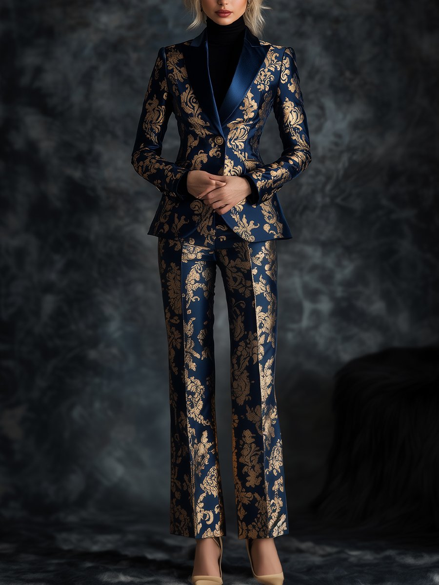 Opulent Royal Blue Satin Suit with Golden Ornate Motifs Printed | Elegant Women's Dress
