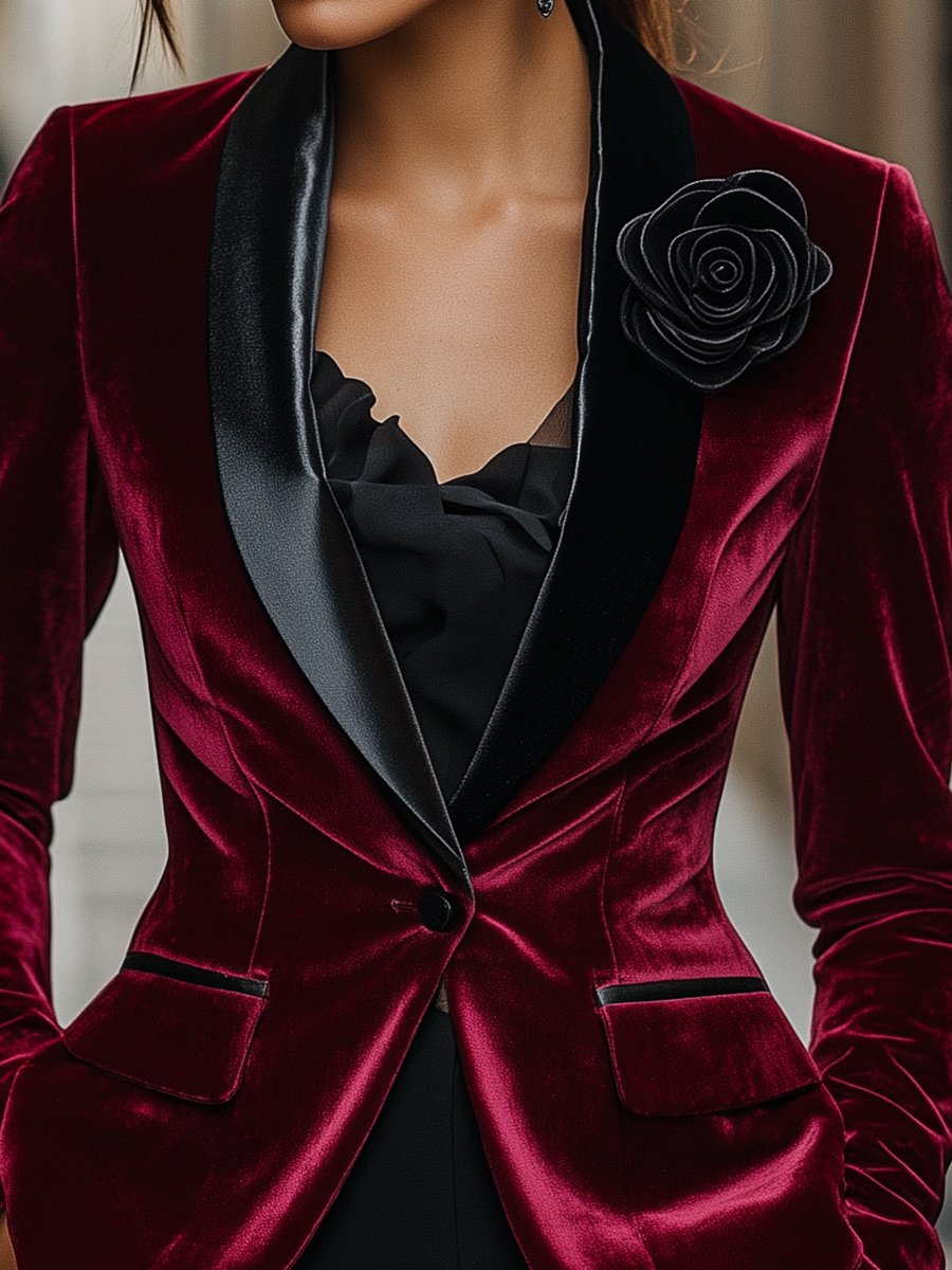 Burgundy Velvet Blazer with Satin Lapels and Black Rose Detail | Elegant Women's Dress