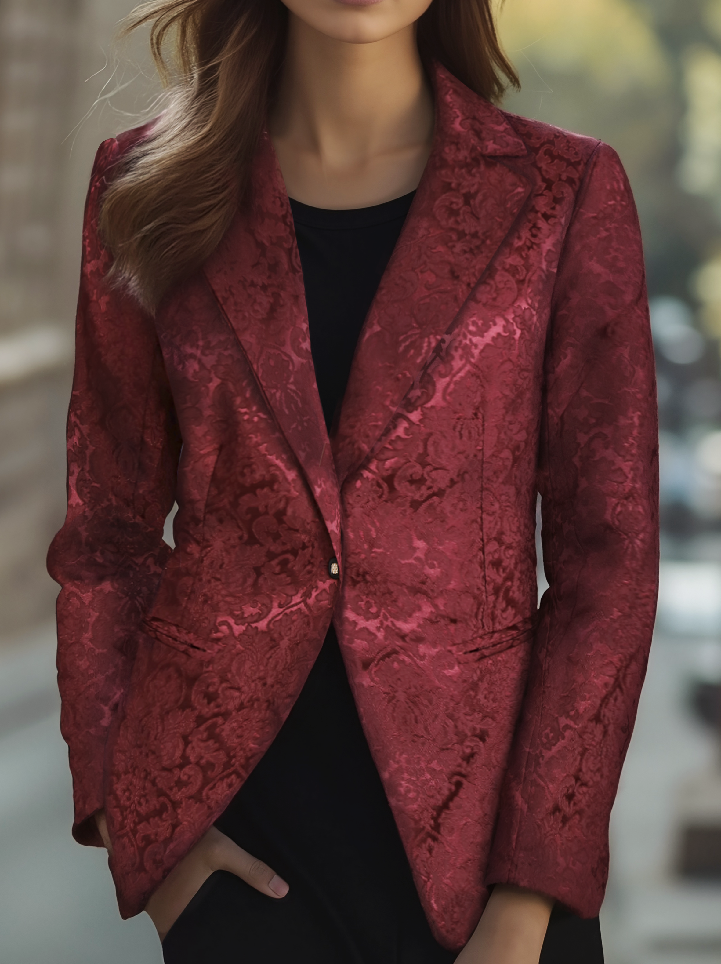 Noble Burgundy Jacquard Satin Blazer | Elegant Women's Dress